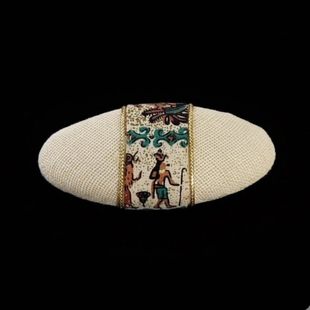Vintage Egyptian Barrette Hieroglyphs 80’s Hair Fabric White‎ & Gold